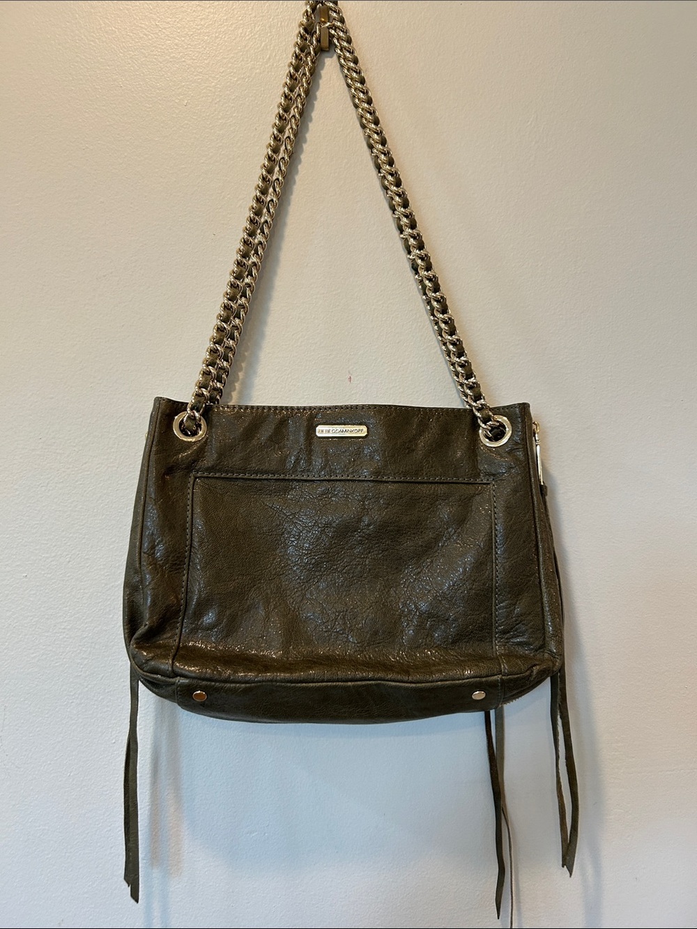 Rebecca Minkoff Olive Leather Shoulder Bag with Chain Straps W/Dust Bag